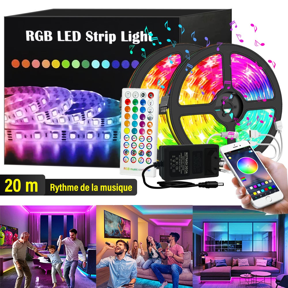 Ruban Led 20M, Bande Led 5050 RGB, Led Ruban Lumineuse Flexible Multicolore  avec Télécommande 40 Touches,Contrôle de l'application mobile
