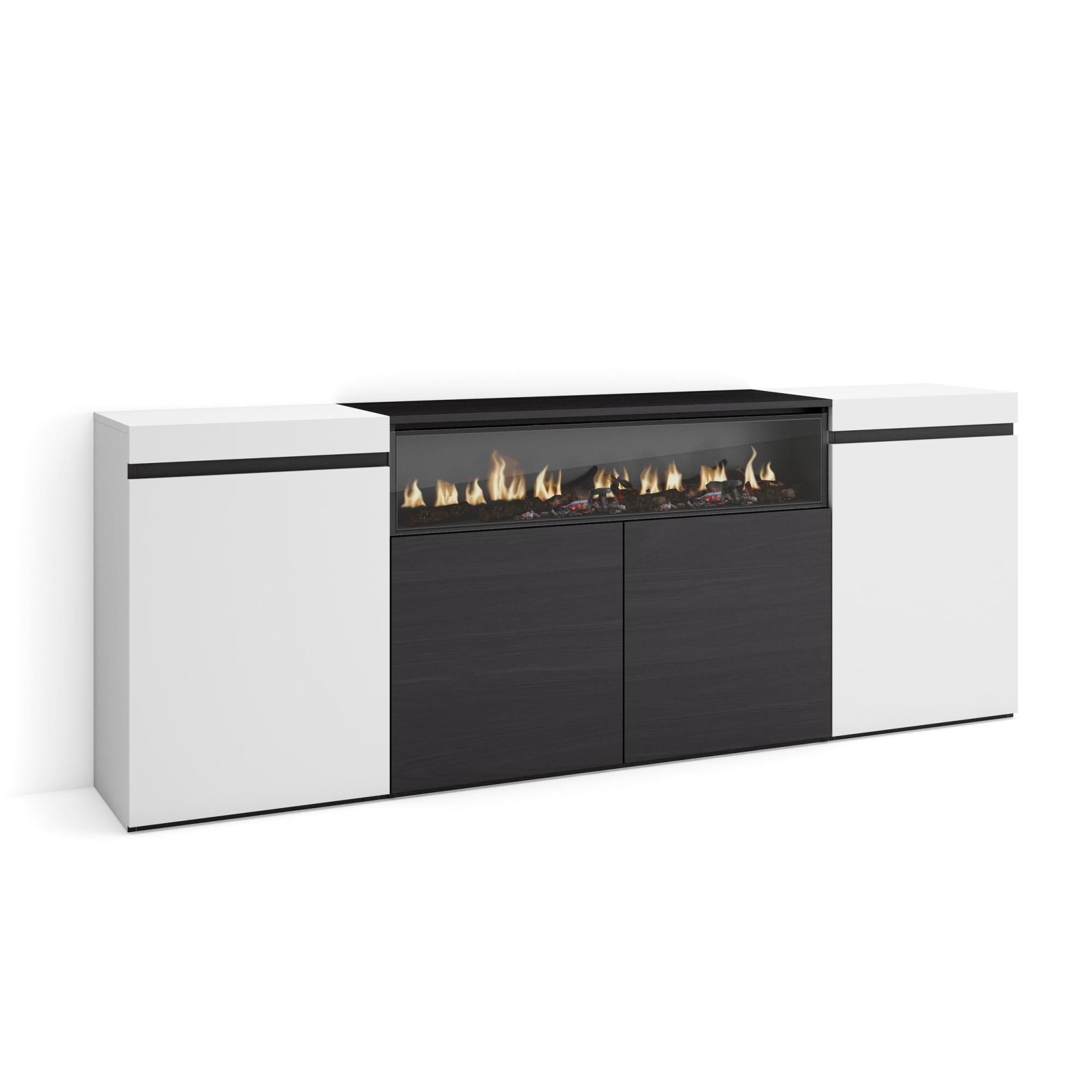 Skraut Home | Credenza, Mobile, Cucina | Madia, mobile ingresso | 160 | 3 Porte | Camino elettrico XXL | Design industriale | Stile moderno | Cemento