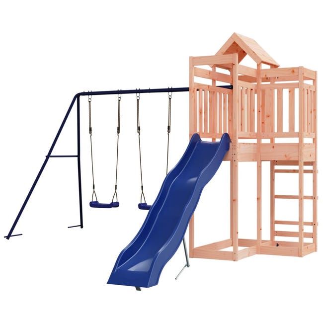 Balançoire double pour enfants avec toboggan et échelle, cadre de balançoire  extérieur en bois massif, 238