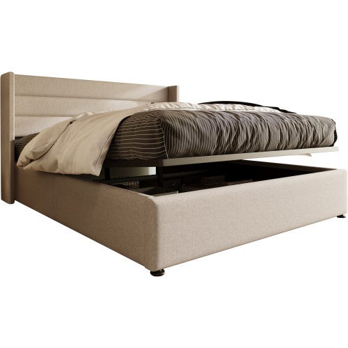 Cama contenedor con cabecero tapizado, cama con estructura de metal,  revestimiento de lino, beige 180x200cm