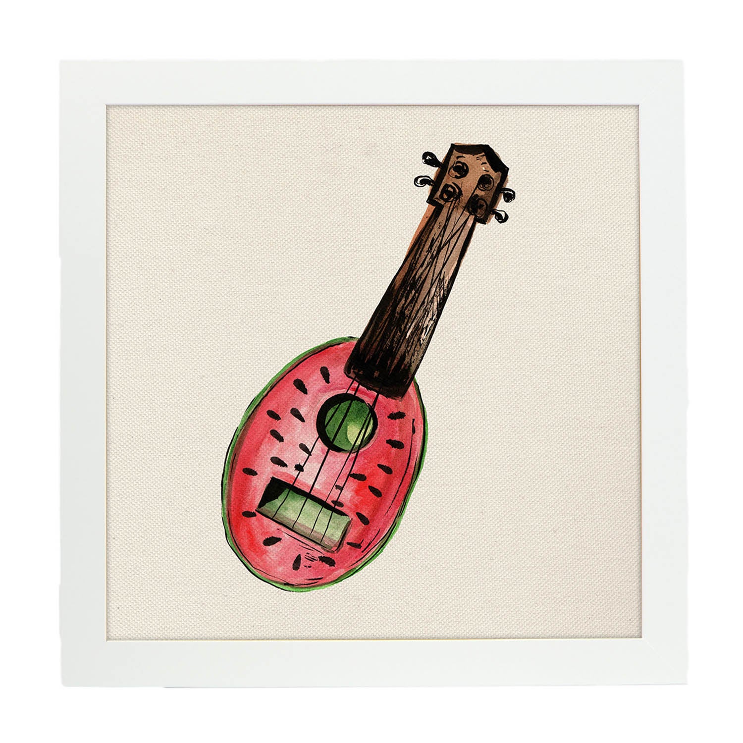 Poster cuadrado de guitarra de fresa. lámina de frutas y verduras de forma cuadrada, ilustrada con dibujos a color.