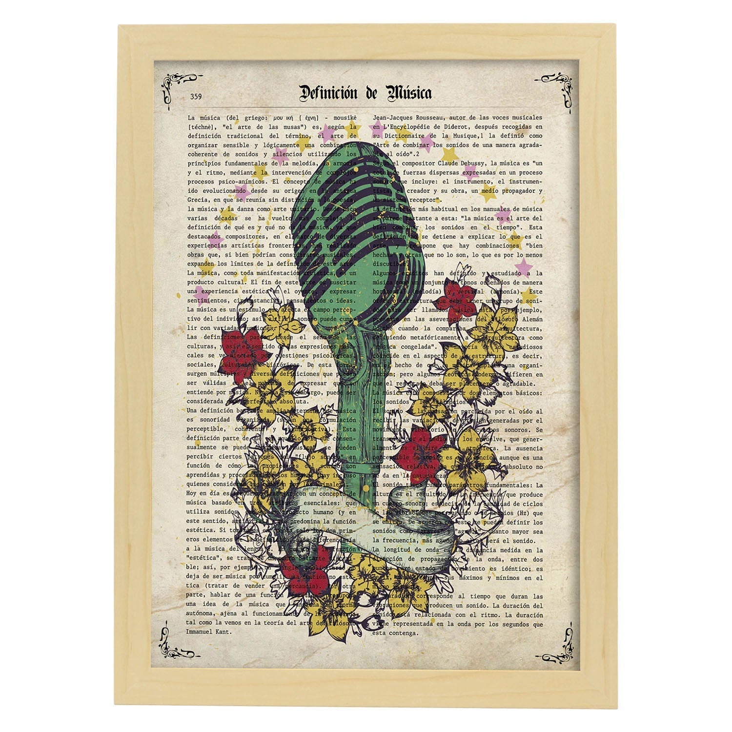 Poster de microfono con flores. láminas musicales con definiciones para