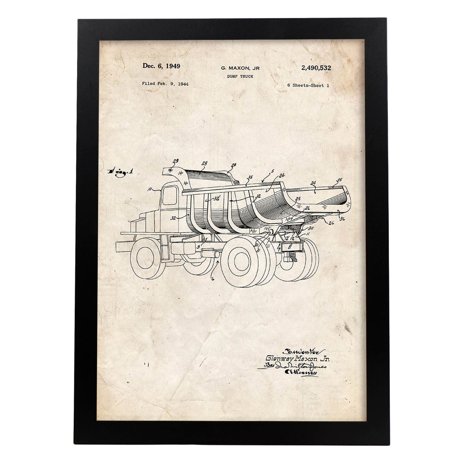 Poster con patente de camion de carga 3. lámina con diseño de patente antigua.