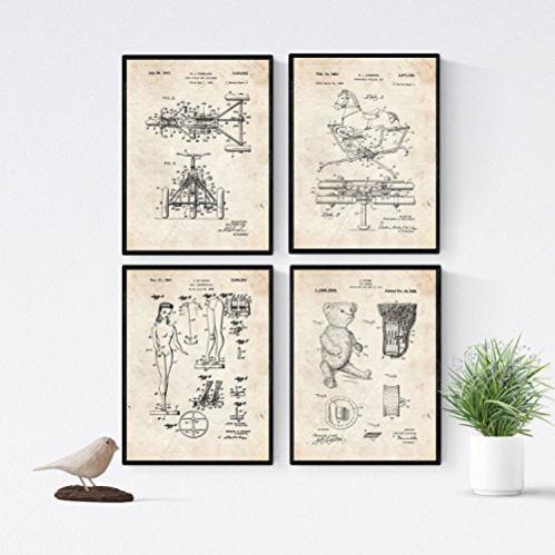 Nacnic Vintage: Set 4 Poster Con Cornice Di Brevetti Antichi - Scegli Il Colore Per Le Tue Pareti! Idee Regalo Originali