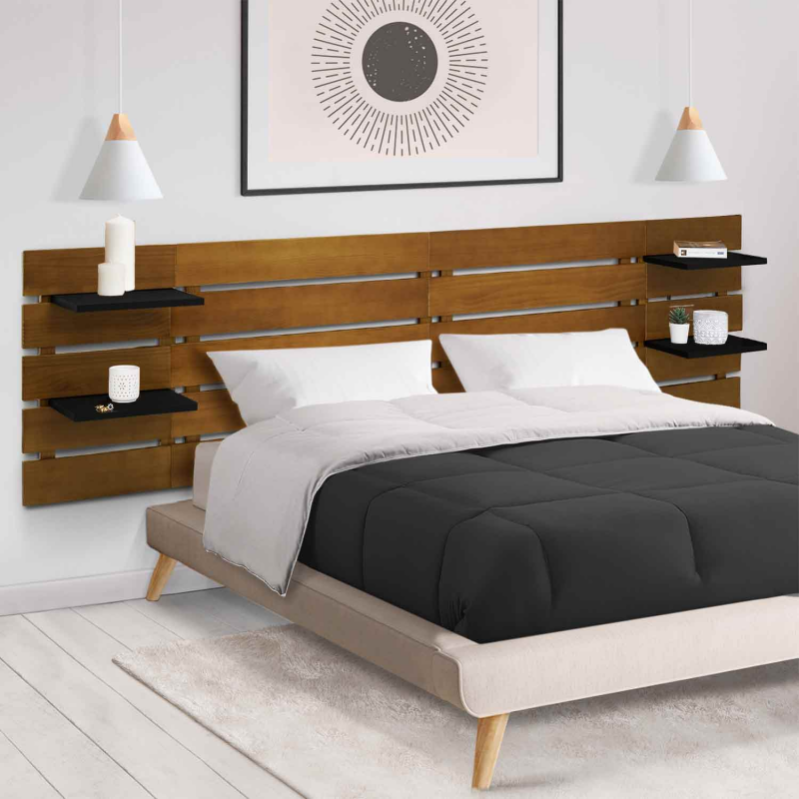 Testiera Sospesa AVA IDMarket 240 Cm - Doghe Bianco E Ripiani Legno Faggio, Per Letti 140/160 Cm