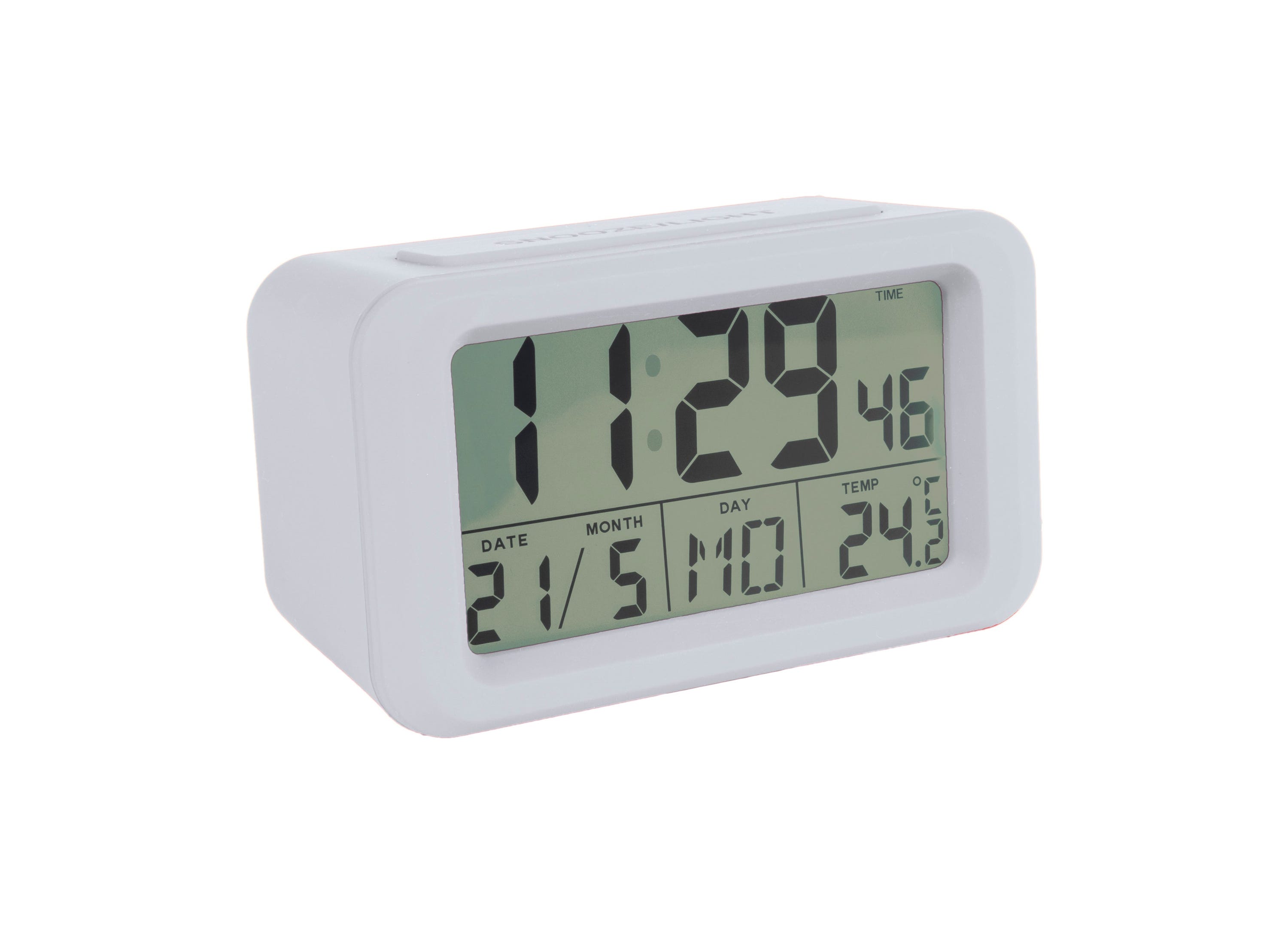 Fisura – Reloj despertador digital blanco LED. Reloj indicador de dia y  temperatura. Botón Snooze. 2 Pilas AAA. Goma ABS. Medidas: 12 x 5,5 x 7