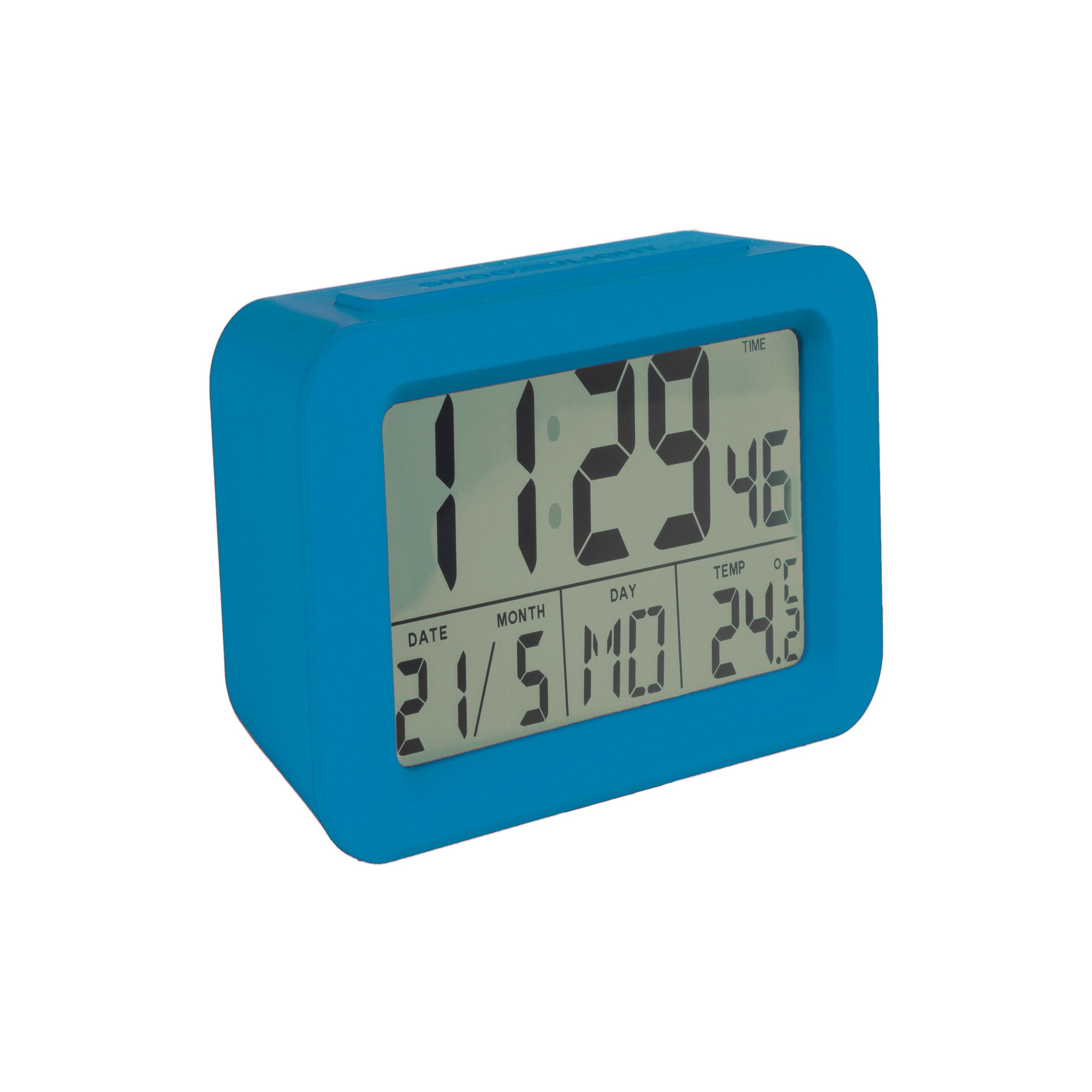 Fisura – Reloj despertador digital azul LED. Reloj indicador de fecha y  temperatura. Botón Snooze. 2 Pilas AAA. Goma ABS. Medidas: 12 x 5,5 x 7
