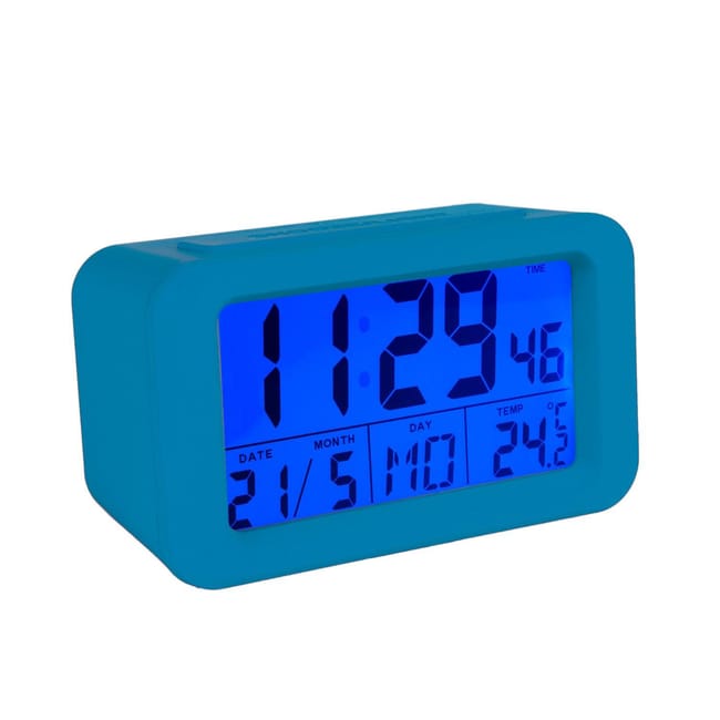 Fisura – Reloj despertador digital azul LED. Reloj indicador de fecha y  temperatura. Botón Snooze. 2 Pilas AAA. Goma ABS. Medidas: 12 x 5,5 x 7