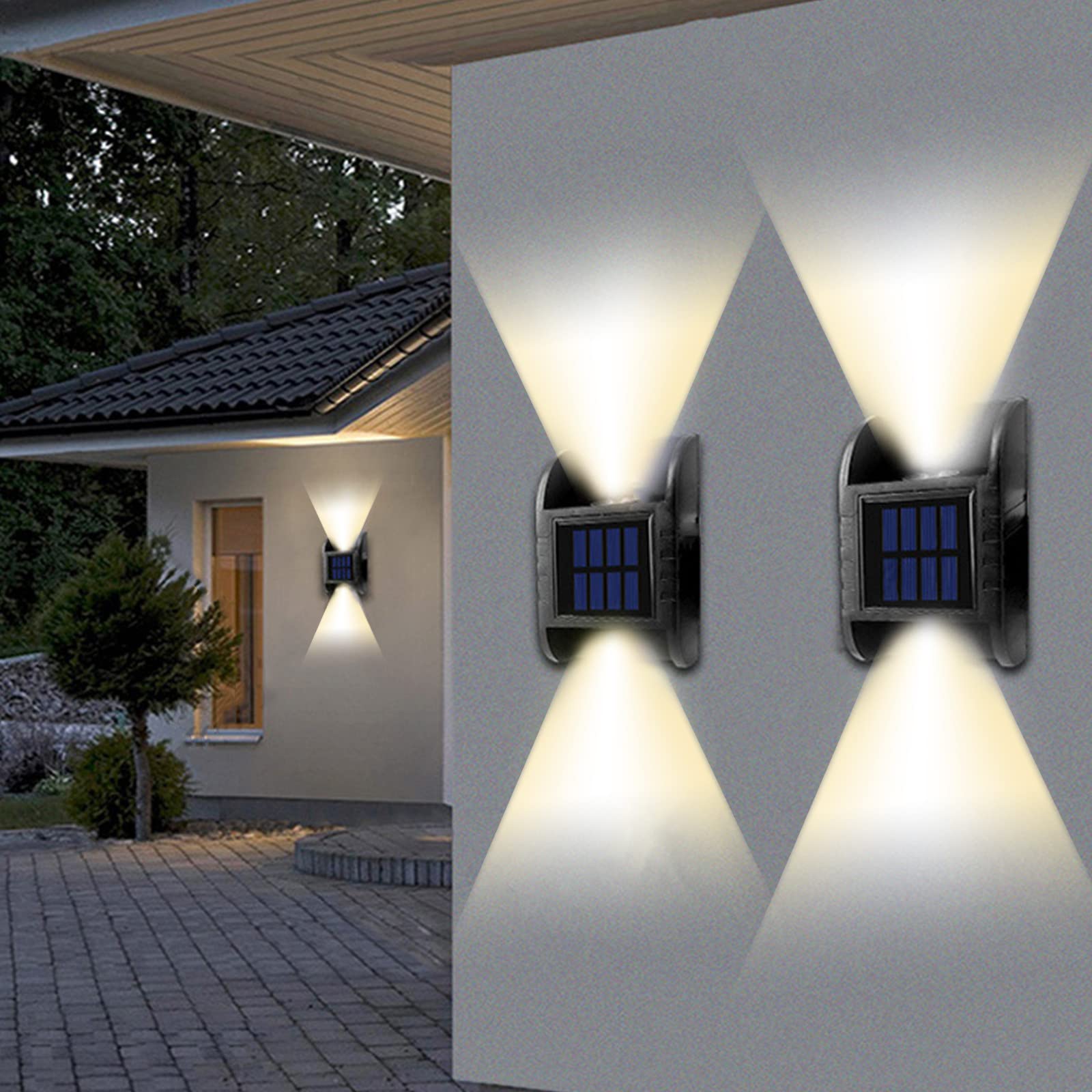 Paquet de 4 appliques solaires, lampes murales extérieures haut et bas,  lampe de marche LED étanche, lumières de clôture solaire pour porche de  jardin