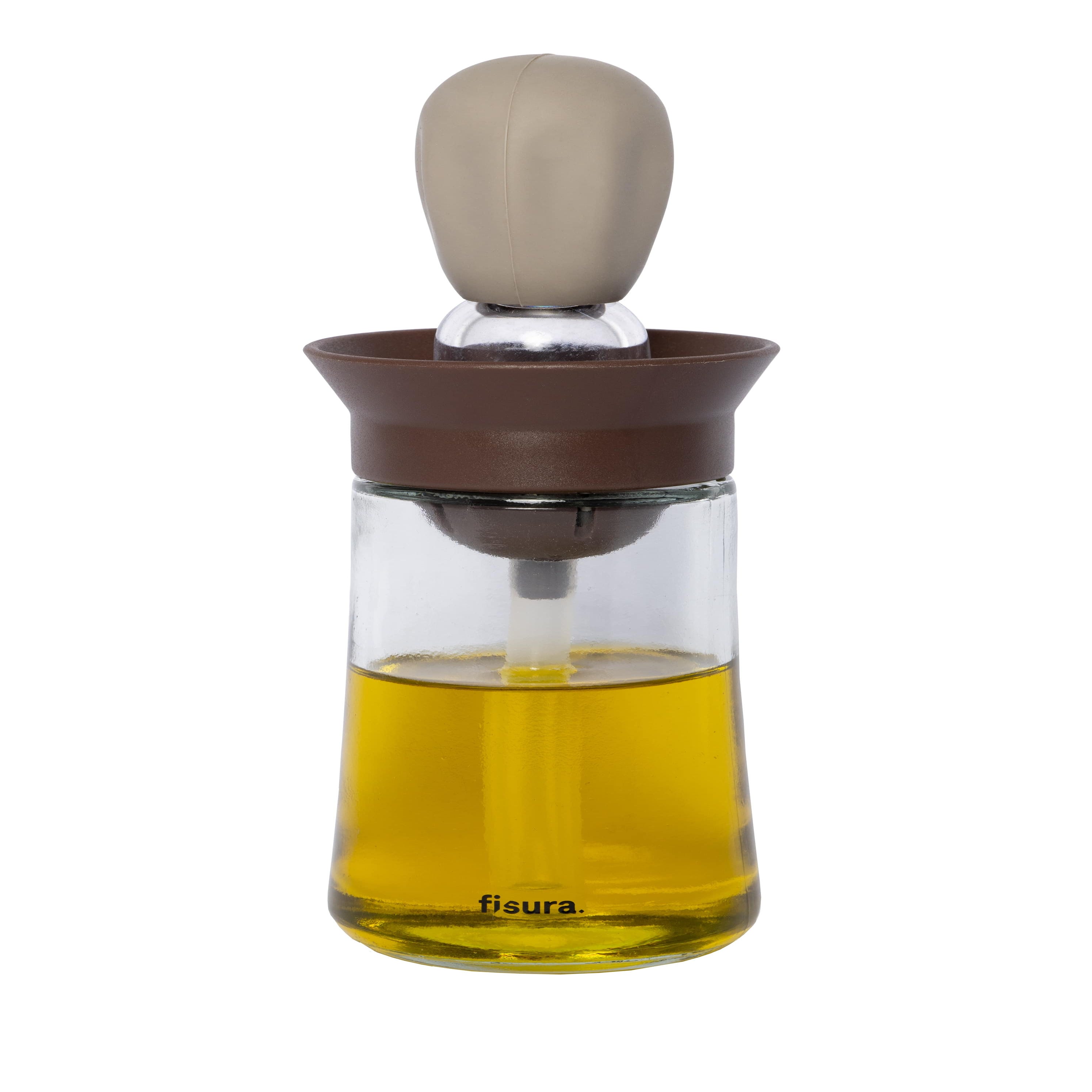 Fisura – Botella de aceite con pincel marrón. Aceitera cristal de 180 ml.  Dispensador de aceite con pincel de silicona y cristal.