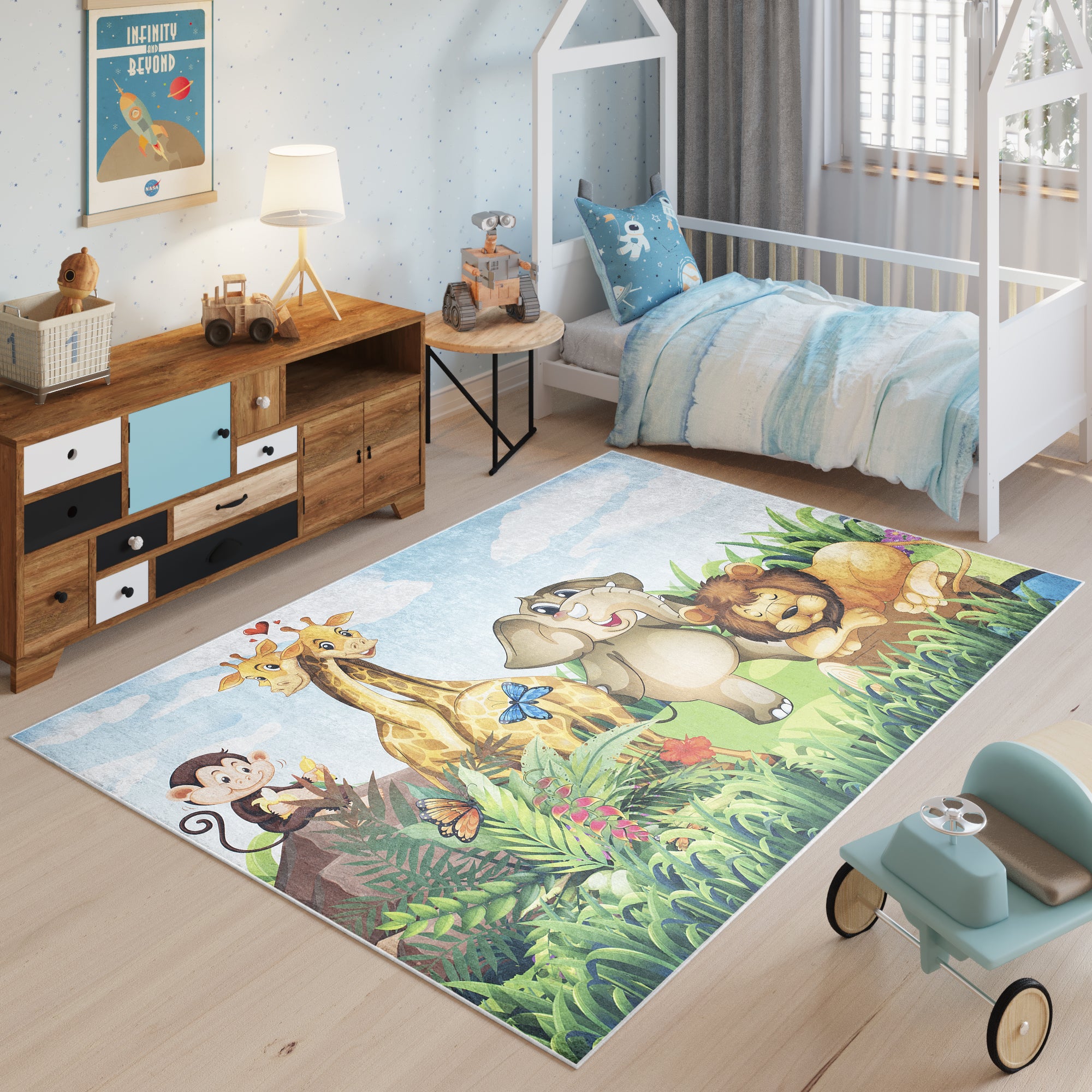 Tapiso emma alfombra antideslizante cuarto de niños castaño azul verde animales fina lavable 80 x 150 cm