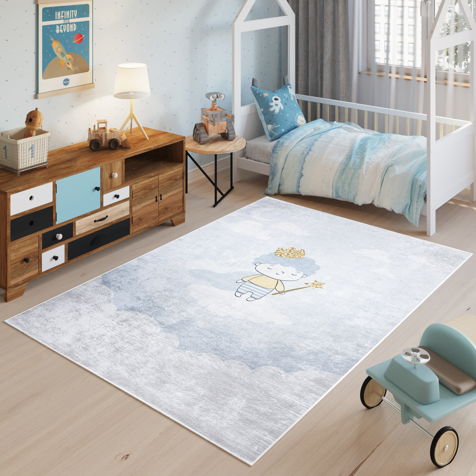 Tapiso emma alfombra antideslizante cuarto de niños gris azul or amarillo principito fina lavable 80 x 150 cm