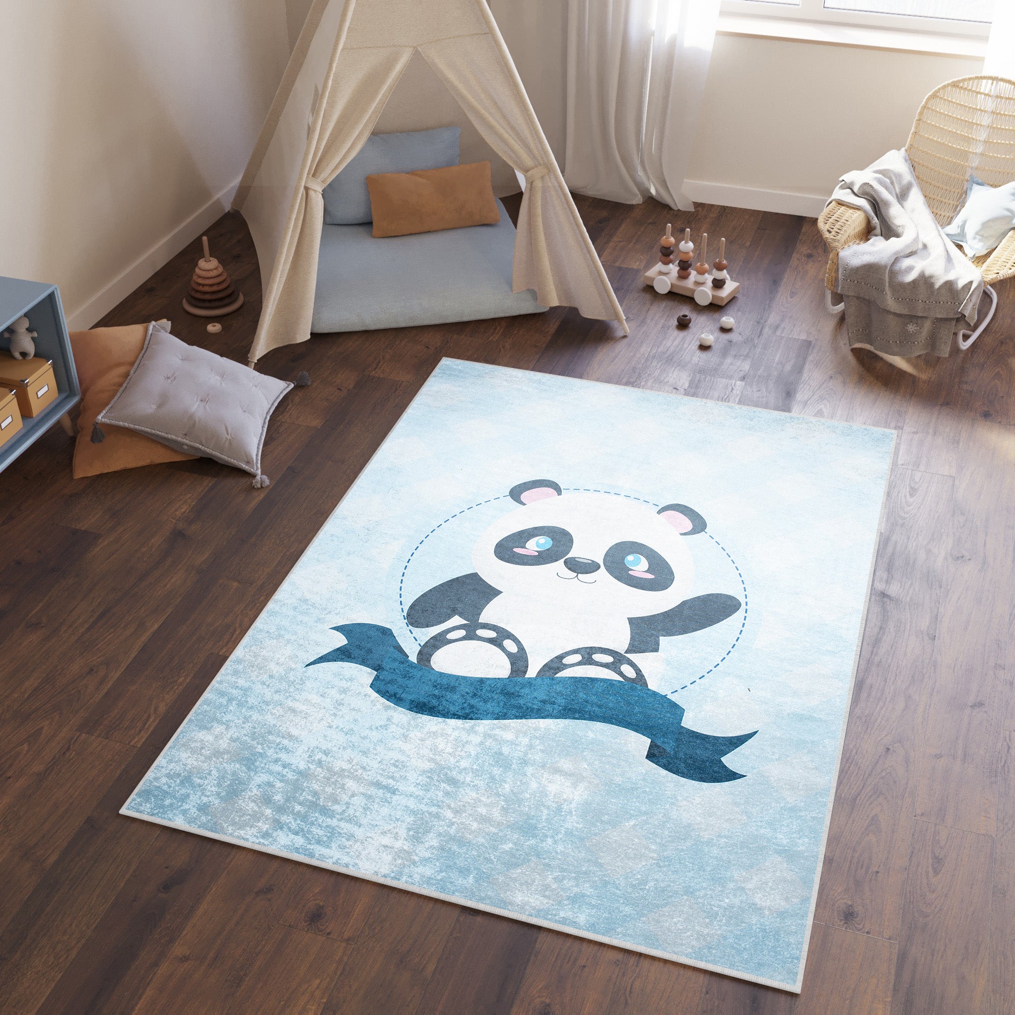 Tapiso emma alfombra antideslizante cuarto de niños azul blanco negro panda fina lavable 160 x 230 cm