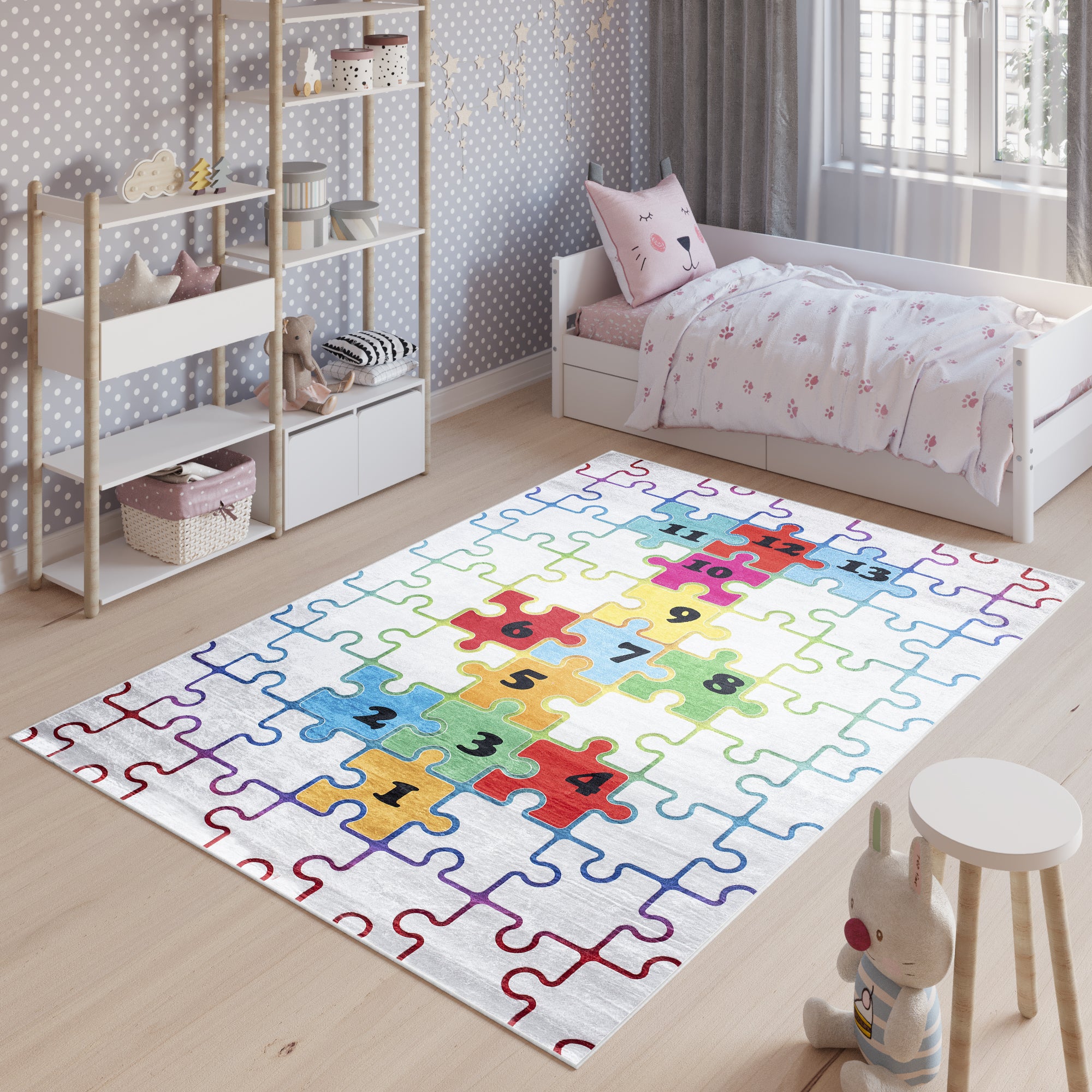 TAPISO Emma Alfombra Antideslizante Cuarto de Niños Gris Multicolore Puzzle  Rayuela Fina Lavable 80 x 150 cm