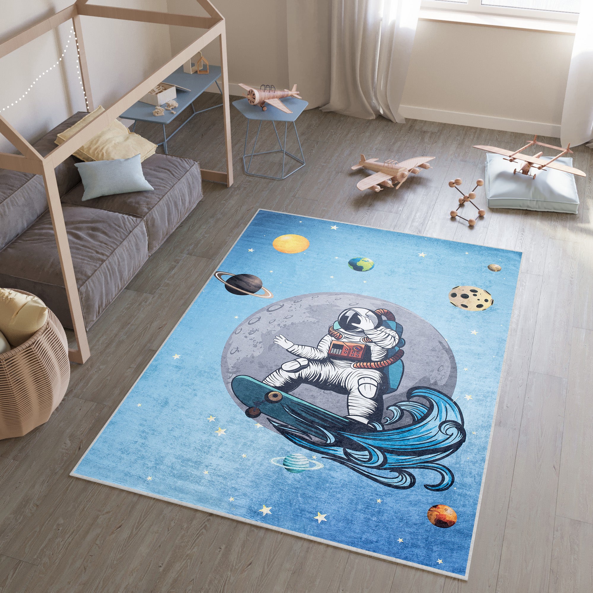 TAPISO Emma Tappeto Antiscivolo Camera per Bambini Grigio Blu Giallo  Elefante Luna Stella Sottile Lavabile 80 x 150 cm