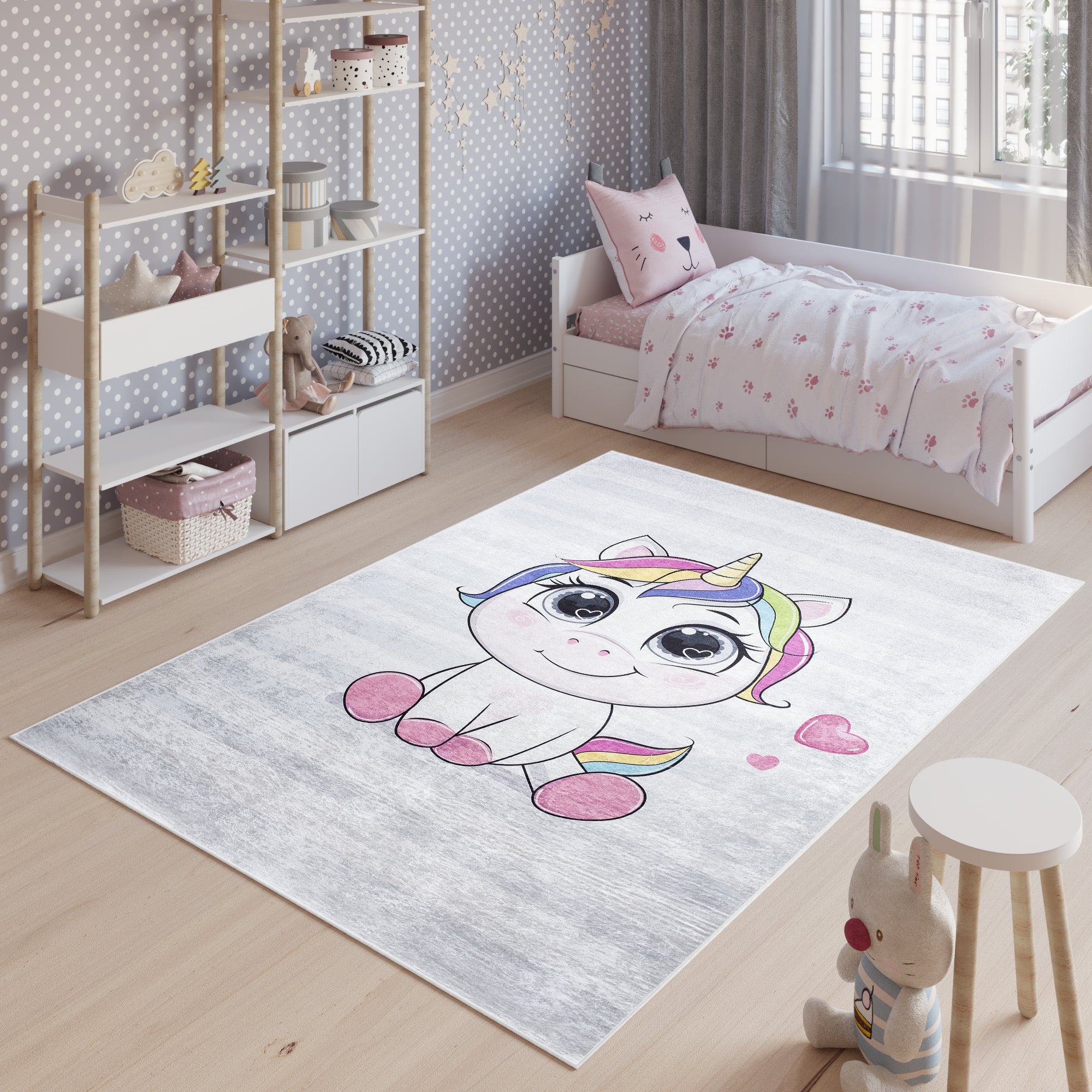 TAPISO Emma Tappeto Antiscivolo Camera per Bambini Grigio Rosa Multicolore  Unicorno Cuori Sottile Lavabile 160 x 230 cm