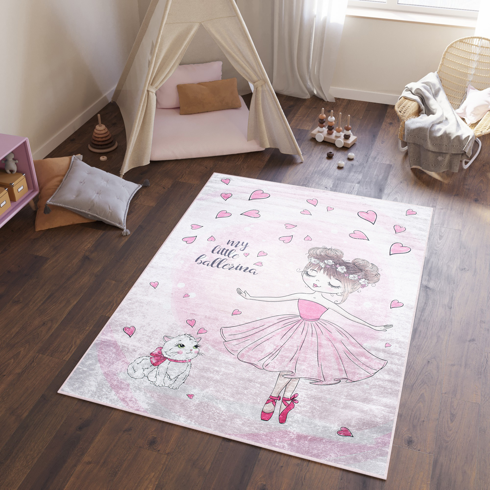 Tapiso emma alfombra antideslizante cuarto de niños rosa gris ballerine gatito corazones fina lavable 140 x 200 cm