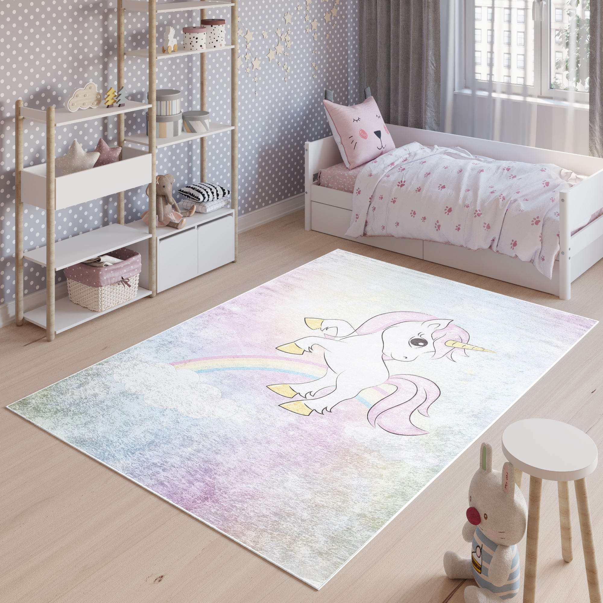 TAPISO Pinky Tappeto per Cameretta dei Bambini Rosa Bianco Stelle Gioco  Sottile 200 x 300 cm