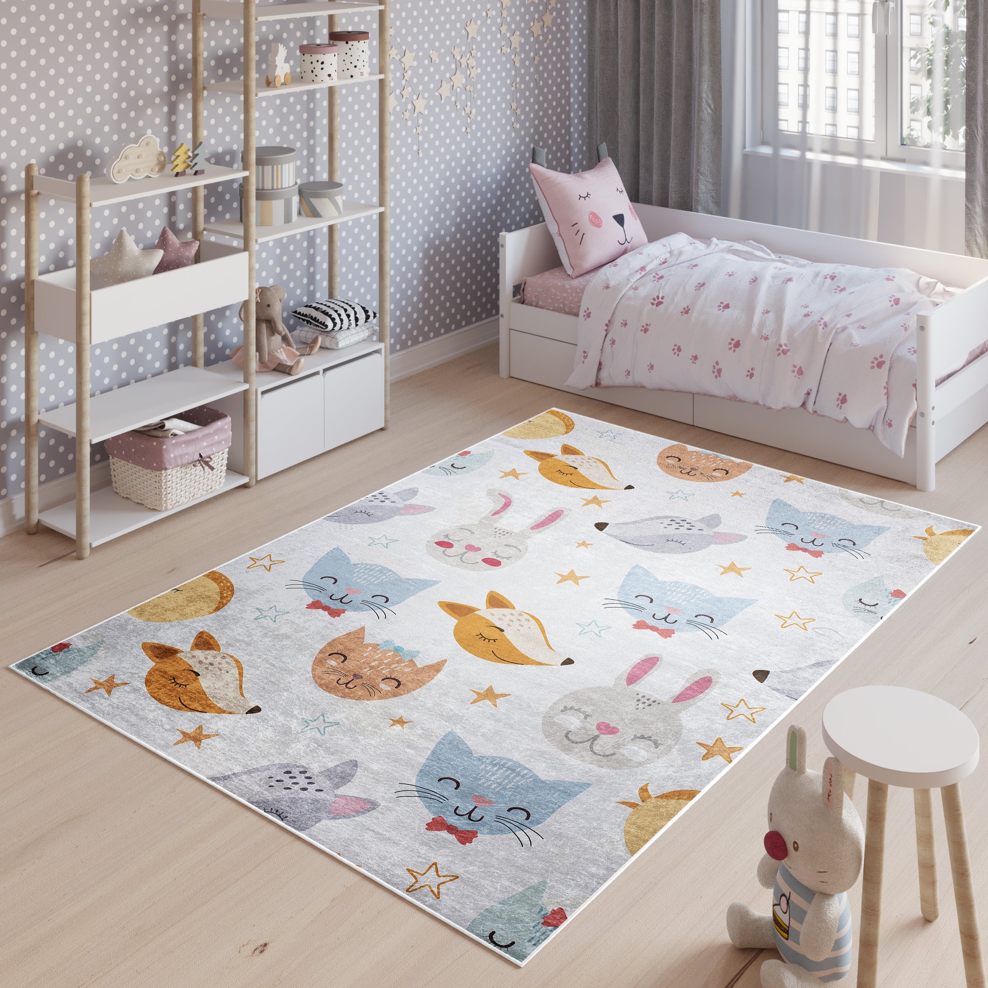 Tapiso emma alfombra antideslizante cuarto de niños gris azul castaño rosa pequeño animales estrellas fina lavable 160 x 230 cm