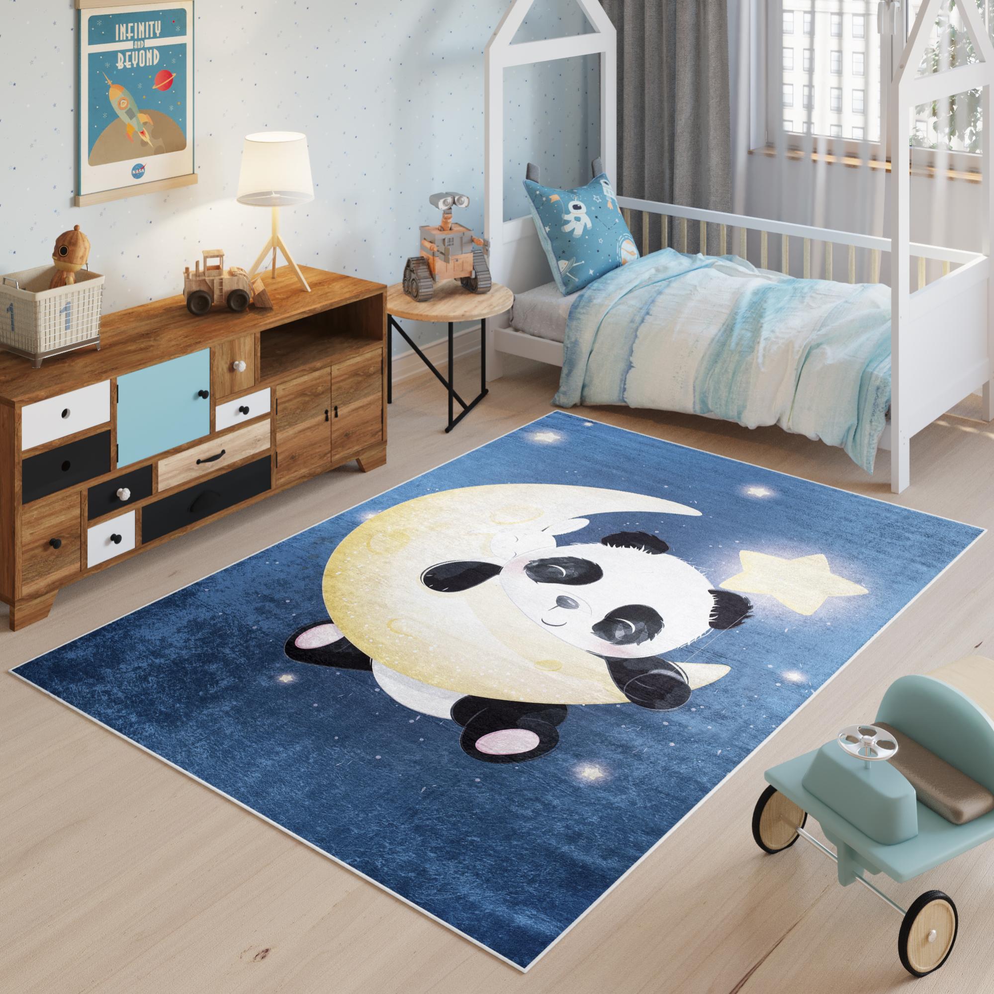 Tapiso emma alfombra antideslizante cuarto de niños azul marine blanco negro amarillo panda luna estrella fina lavable 160 x 230 cm
