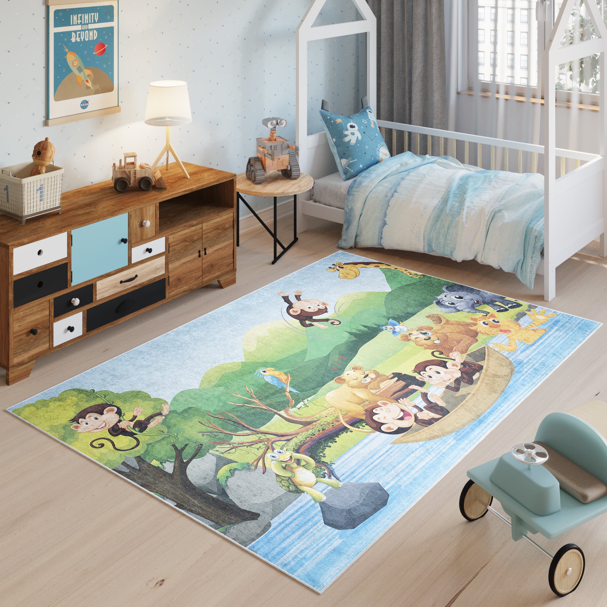 Tapiso emma alfombra antideslizante cuarto de niños verde azul castaño animales río fina lavable 160 x 230 cm