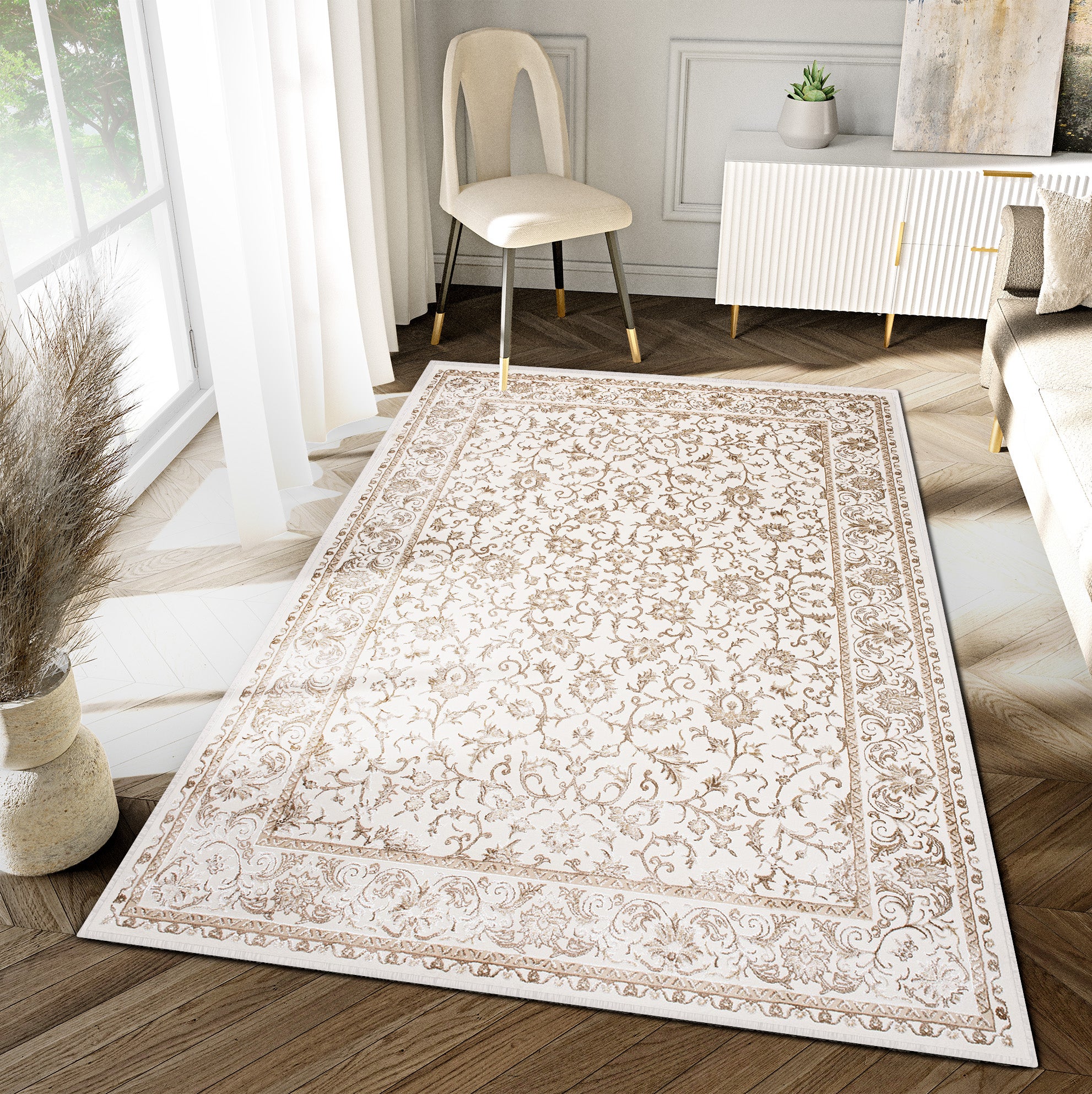 Tapiso Hera Tapis Salon Chambre Brillant Cr Me Beige Marron Vintage