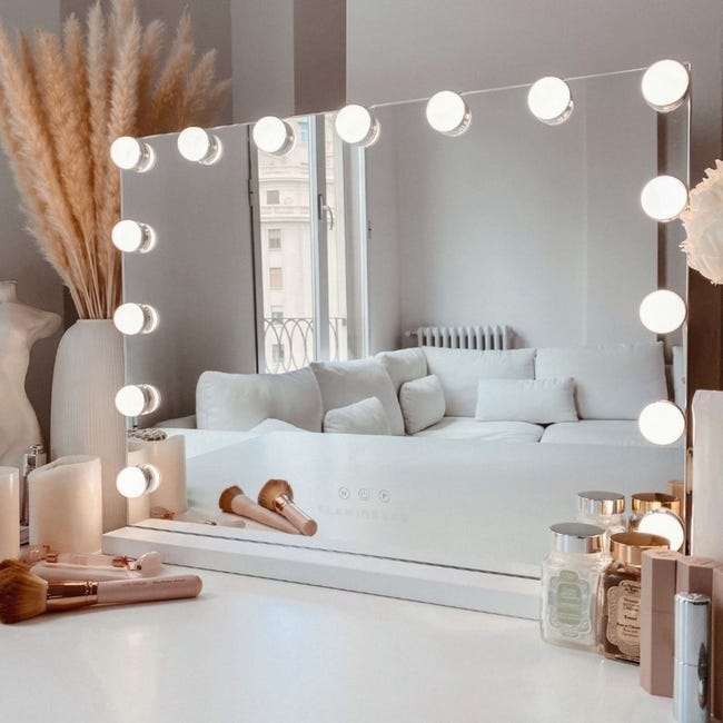 Flamingueo Espelho Maquilhagem com Luz Espelho LED 15 Lâmpadas Espelho de  Parede