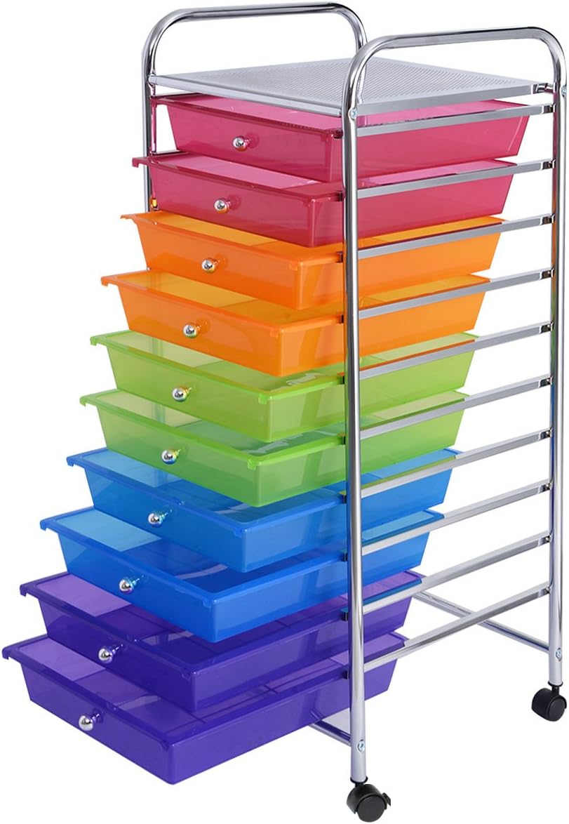 Carrello a Rulli, Contenore Multiuso con Ruote, con 10 Cassetti Impilabili  per Cucina e Ufficio, Scelta a Colore (Multicolore)