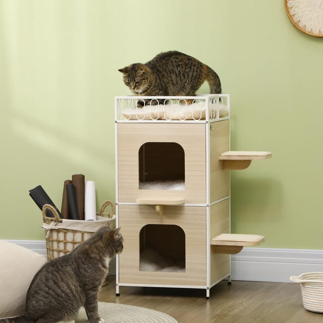 PawHut Casa para Gatos de 2 Niveles Cama Cueva para Gatitos de