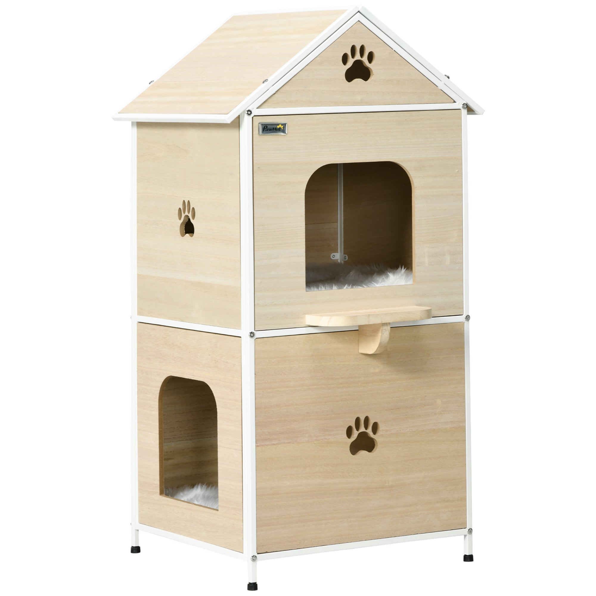 Caseta para gatos de madera con 2 niveles PawHut 77x50x73cm blanco