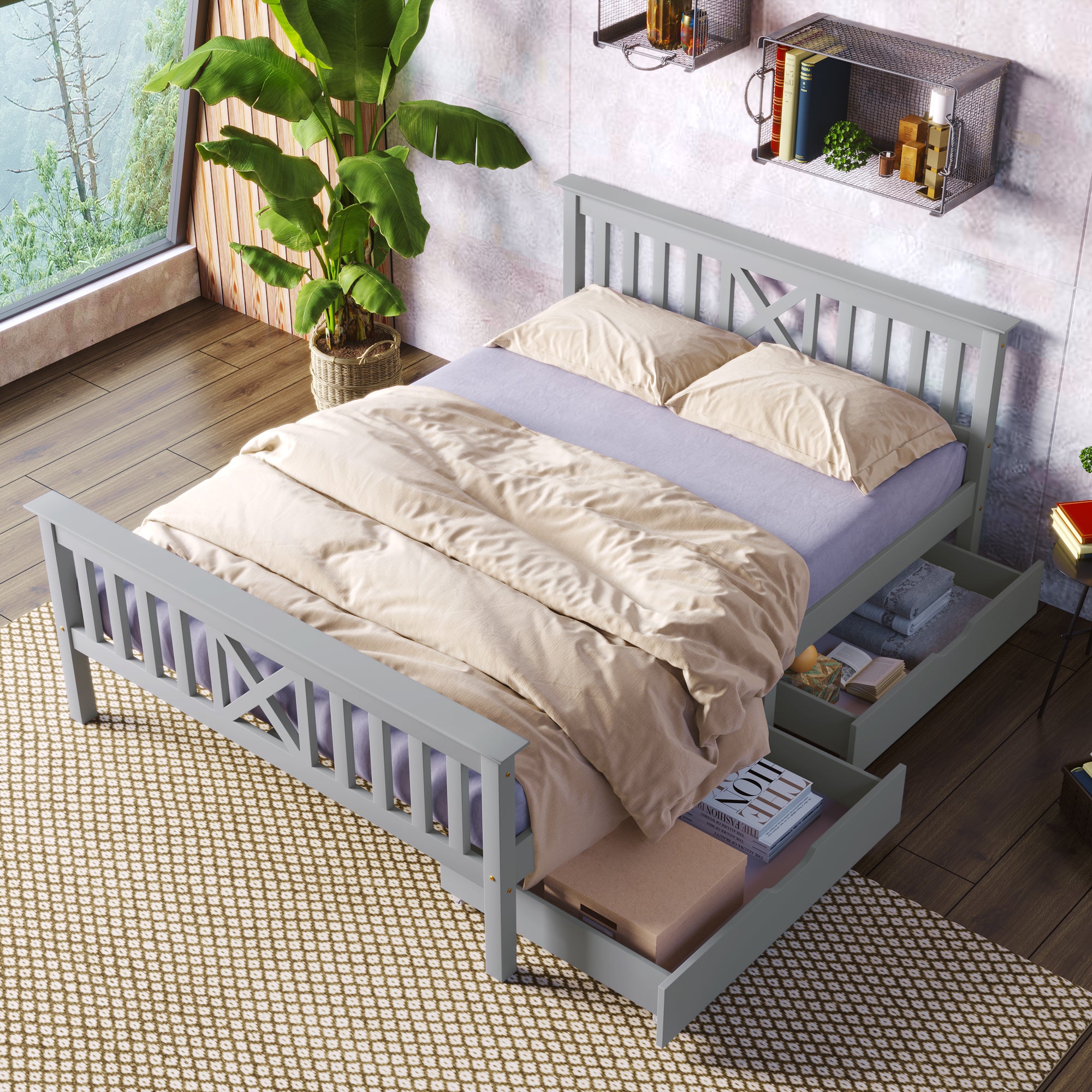 Cama de casa doble individual, 2 camas individuales de madera en forma de  L, 2 camas individuales de plataforma con cajones de almacenamiento, cama