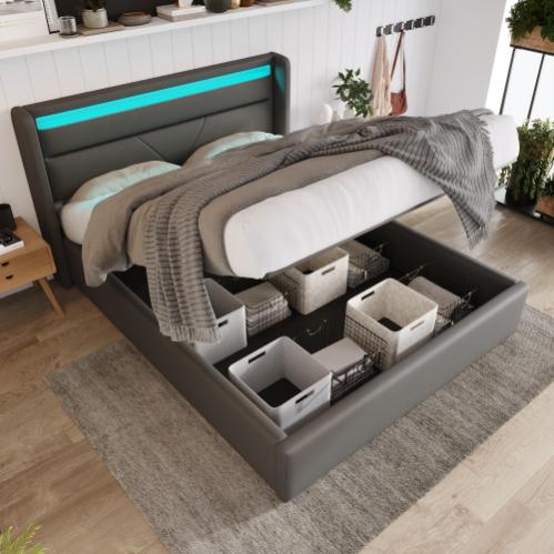 Letto Matrimoniale Imbottito Con Contenitore E Luci LED - Struttura Con Testiera Regolabile, Porta USB E Ricarica Wireless - Bianco 146x202 Cm