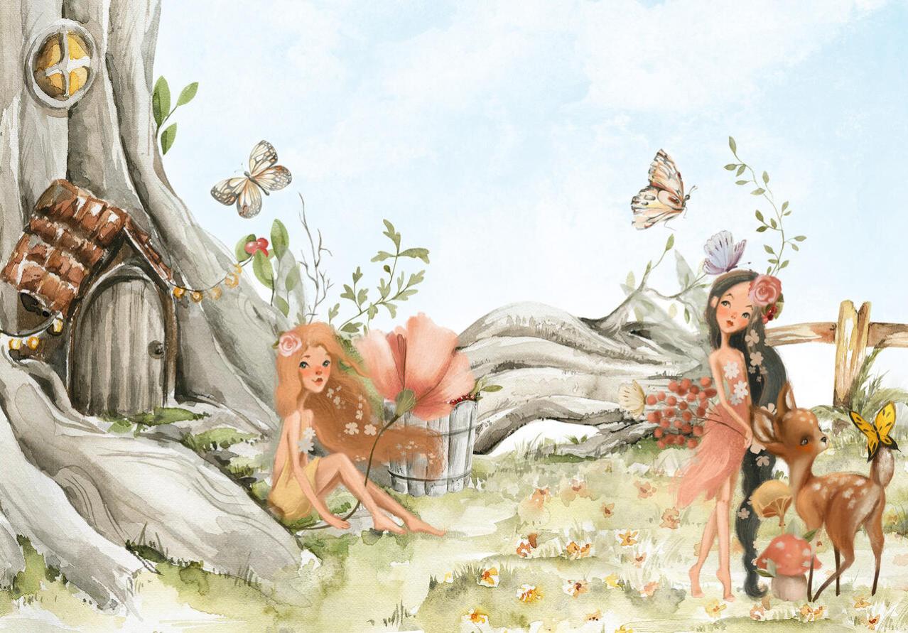 Papel pintado niños hadas bosque panorámico 416x254 cm - cola incluida - dormitorio infantil - trampantojo moderno