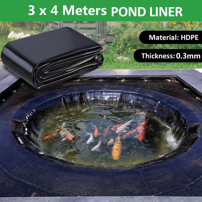 3 x 4m HDPE Pond Liner - Revêtement de bassin préformé résistant aux UV -  Coupe facile - Revêtement de bassin pour bassins d'aspect naturel (Noir)