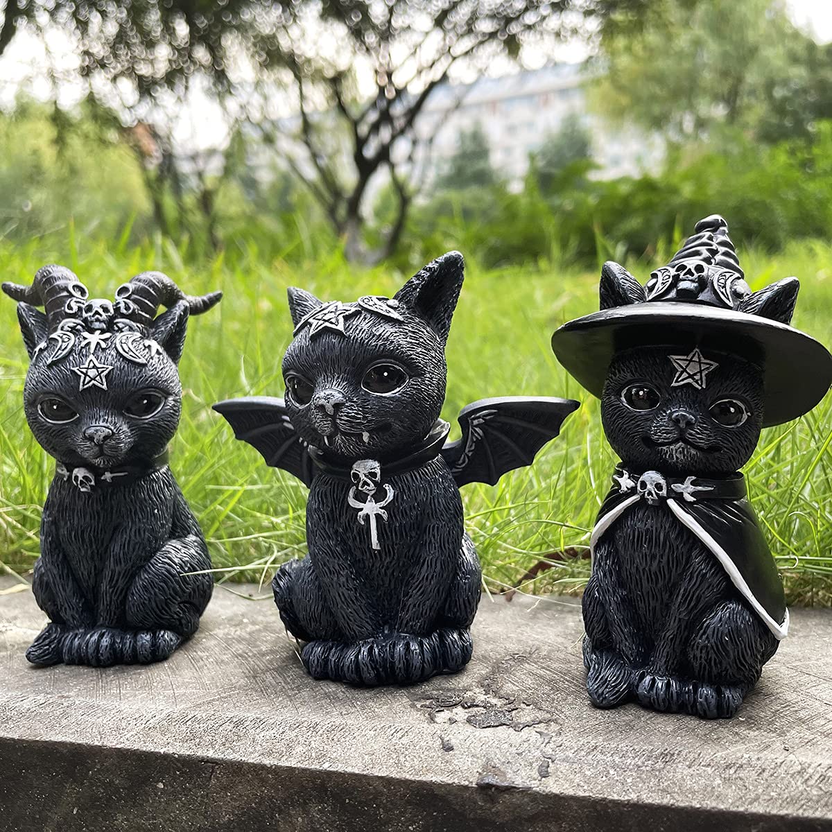 Lot de 3, statue de chat – Statue de chat noir pour décorations de patio  extérieur – Décorations d'Halloween de chat noir – pour décorations de  jardin