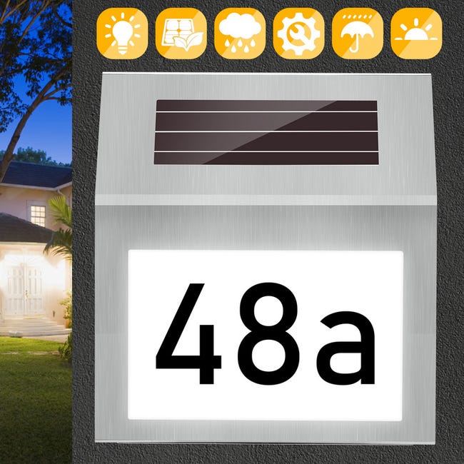 Numéro de maison en acier inoxydable à éclairage solaire numéro de