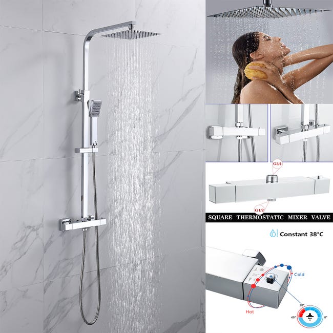 AICA Saliscendi doccia con soffione quadrato acciaio inox, set doccia con  miscelatore termostatico altezza 80-120cm