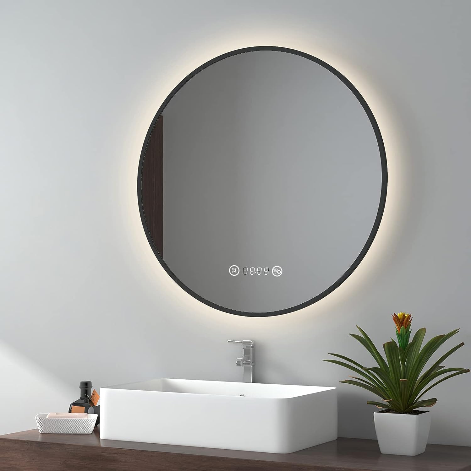 EMKE Miroir de salle de bain LED Miroir avec Interrupteur tactile,  Anti-buée, Dimmable, Fonction Mémoire, Lumière neutre, 70cm diamètre Cadre  noir