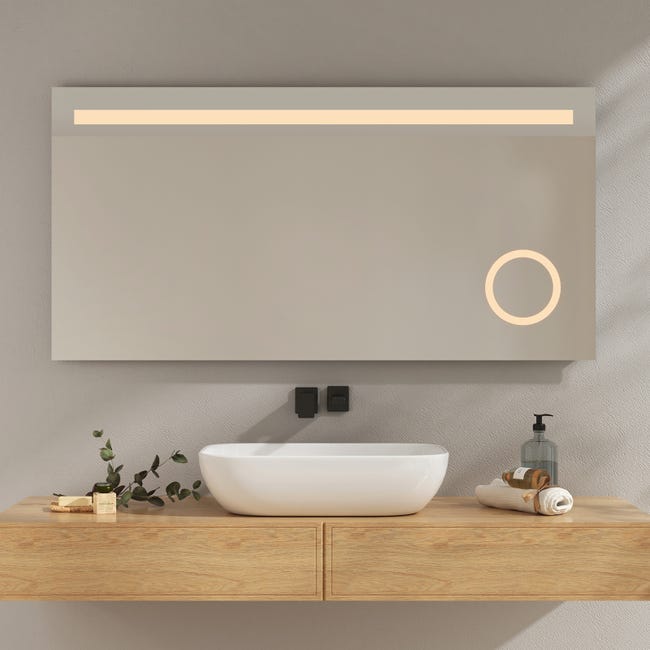 EMKE Miroir lumineux de salle de bain avec Interrupteur à bouton,  Anti-buée, 3x grossissement, Lumière Blanche Froide/Chaude, 120x60 cm