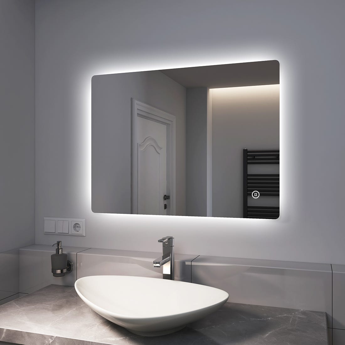 S AFIELINA Miroir lumineux rectangulaire avec éclairage LED Miroir mural  80x60 cm,tactile,3 couleurs de lumière,anti-buée,IP44