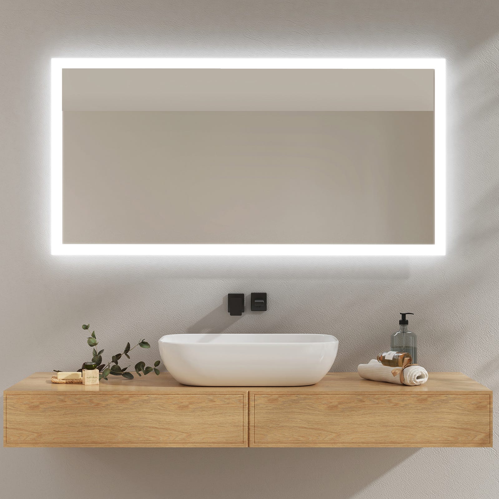 EMKE Miroir lumineux de salle de bain avec Interrupteur à bouton, Anti-buée,  deux couleurs claires, 120x60 cm Lumière Blanche Froide/Chaude
