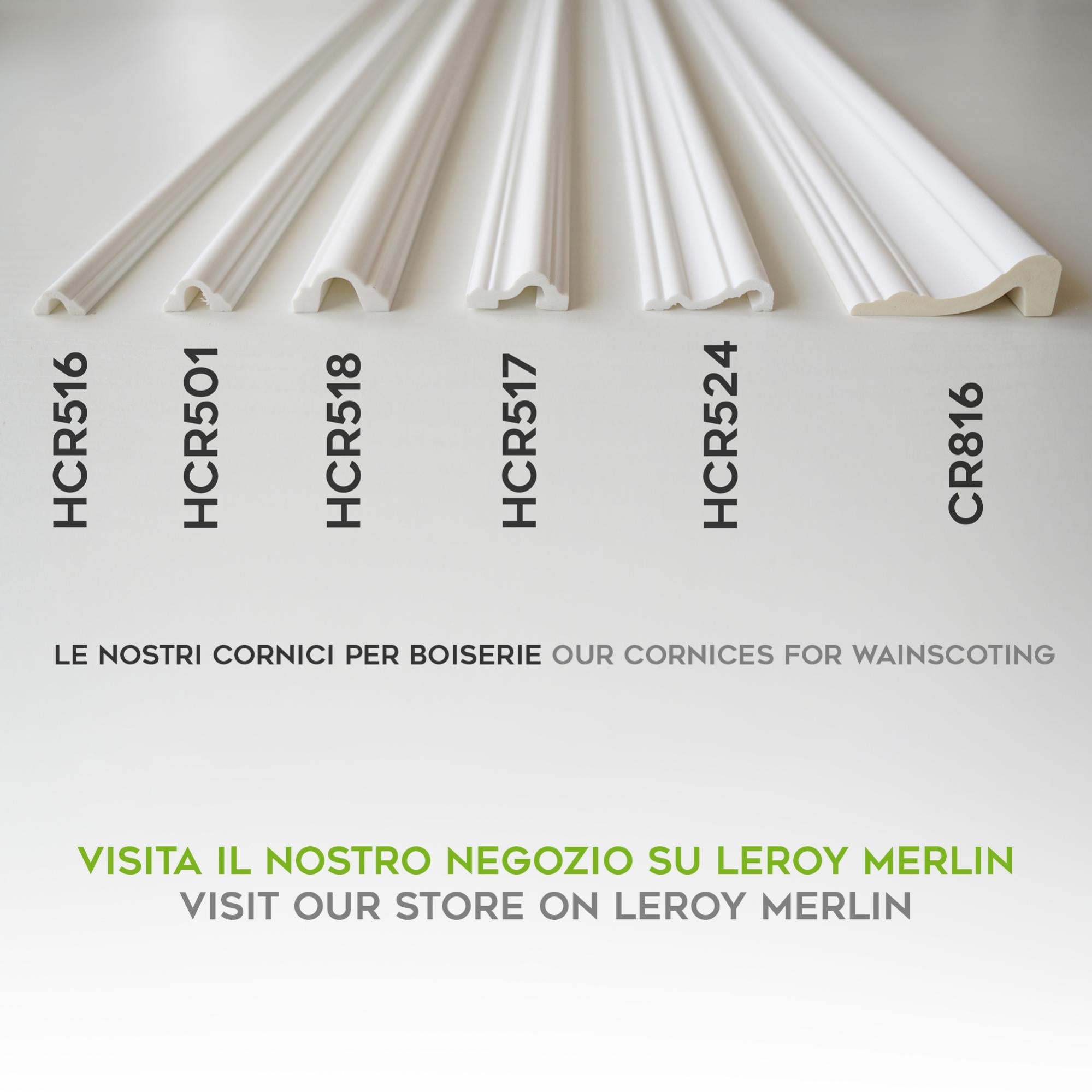 Cornici per parete boiserie, in duropolimero bianco rigido (meglio del polistirolo e gesso), per riquadri a muro - profilo da 2 metri - HCR524 - 9