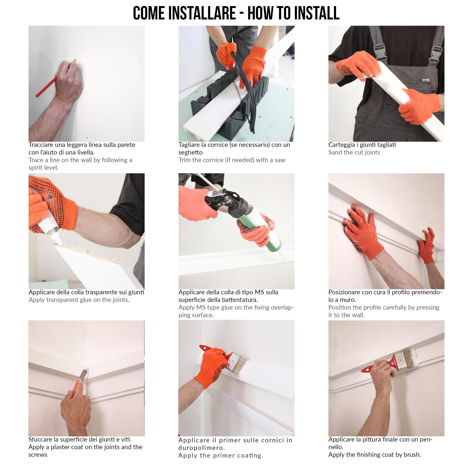 Cornici per parete boiserie, in duropolimero bianco rigido (meglio del polistirolo e gesso), per riquadri a muro - profilo da 2 metri - HCR524 - 6