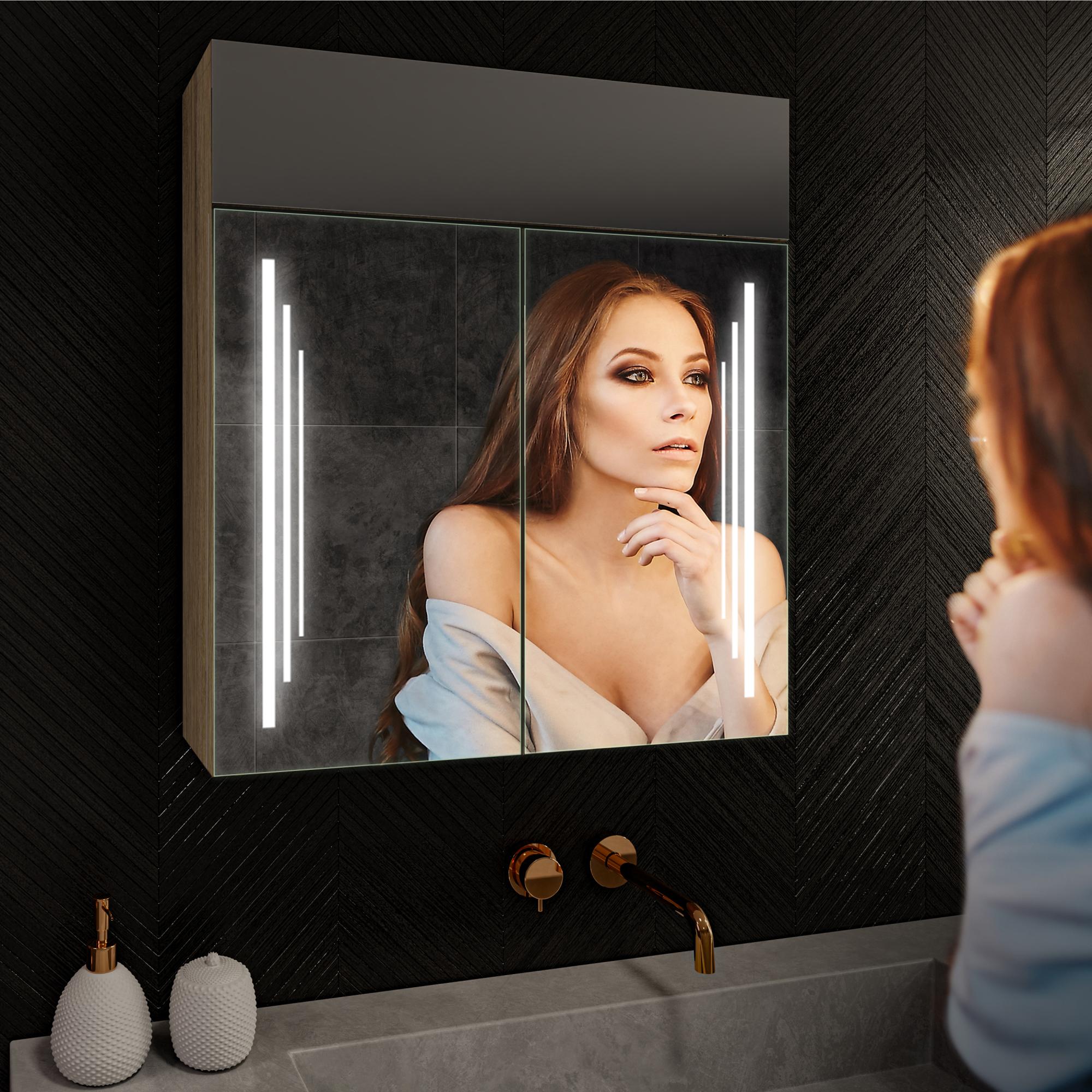 Armario De Baño Con Espejo LED Y 2 Puertas - 80x14x60 Cm, Luz 3 Colores Ajustable, MDF Clase E1, Estantes Regulables
