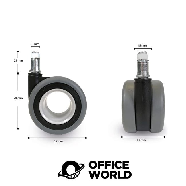 OfficeWorld Roulettes Chaise Bureau Lot de 5 - Sols Durs, Silencieux,  Diamètre 11x22mm, Noir et Gris