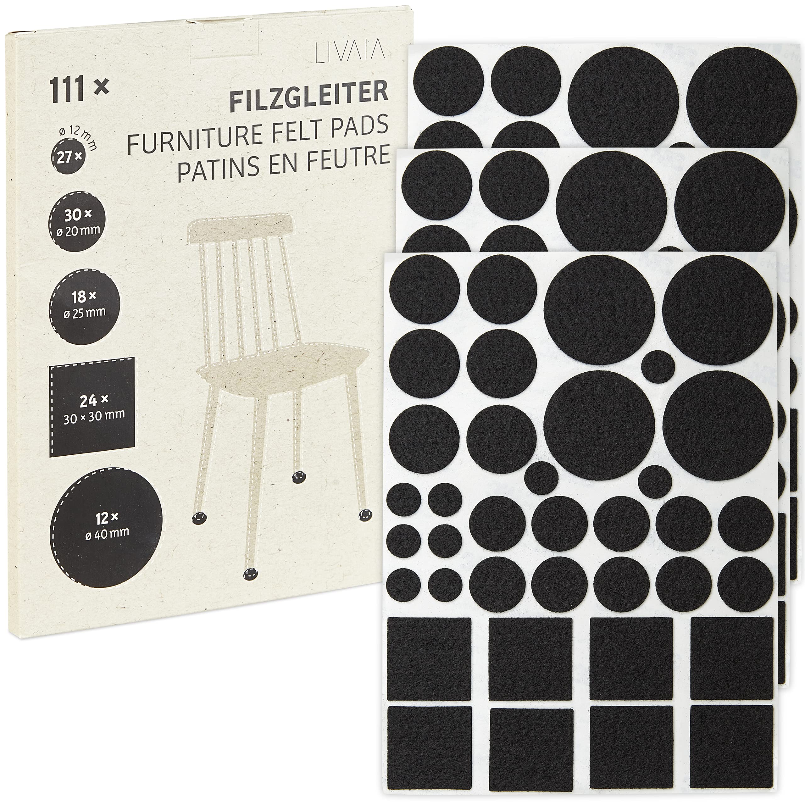BeGreat Patins Feutre Auto-adhésif Multicolore 5 Formats - Protection Sol  pour Chaises, Meubles et Tables - LIVAIA Noir