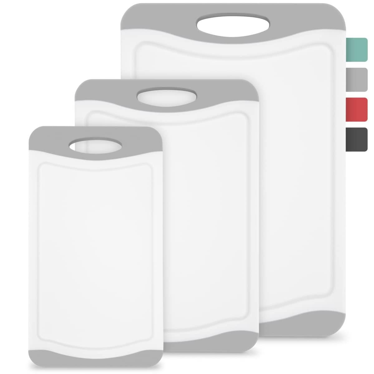 Lot De 3 Planches à Découper Plastique Antidérapantes 35x23 Cm – Rainure Jus + Presse-Ail – Orange/Vert/Bleu