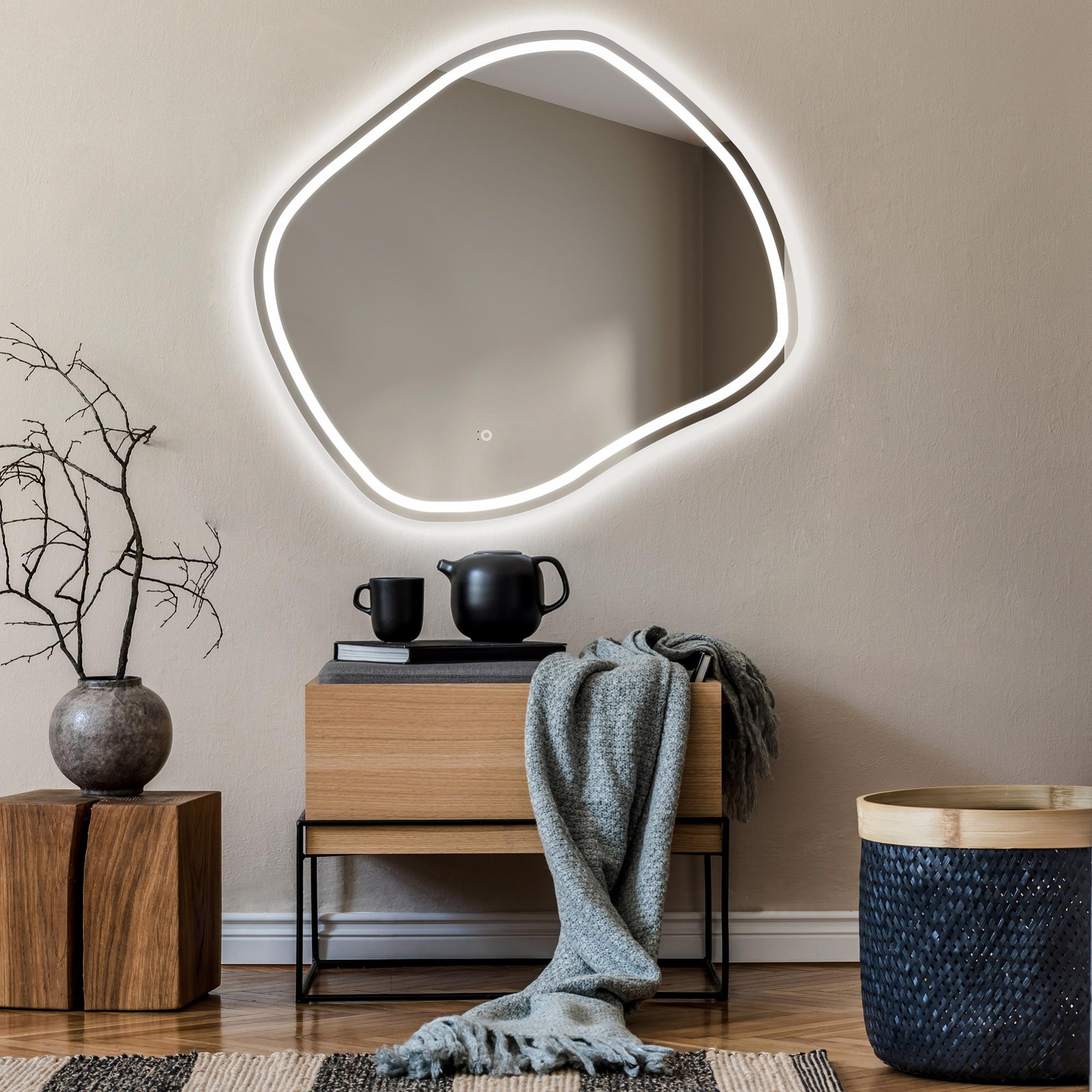 Artforma Miroir Asymétrique Avec Lumiere LED Sur Mesure Mural 84x84 Cm | Miroir De Salle De Bain Avec Accessoires | JAJ221