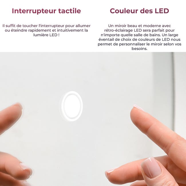Miroir led salle de bain SMART (150x70cm) LED Lumineux Miroir avec  Éclairage Interrupteur Tactile Blanc Froid 7000K