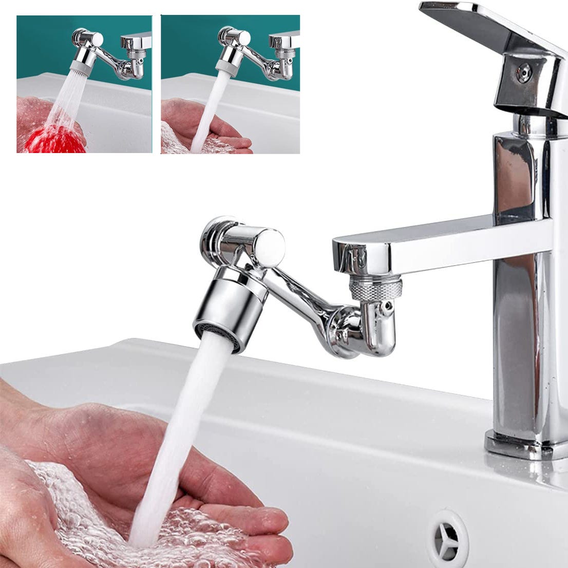 Rallonge de robinet universelle pivotante 1080°, fil extérieur  24mm/0.95inch, accessoire de lavage du visage avec 2 sorties d'eau